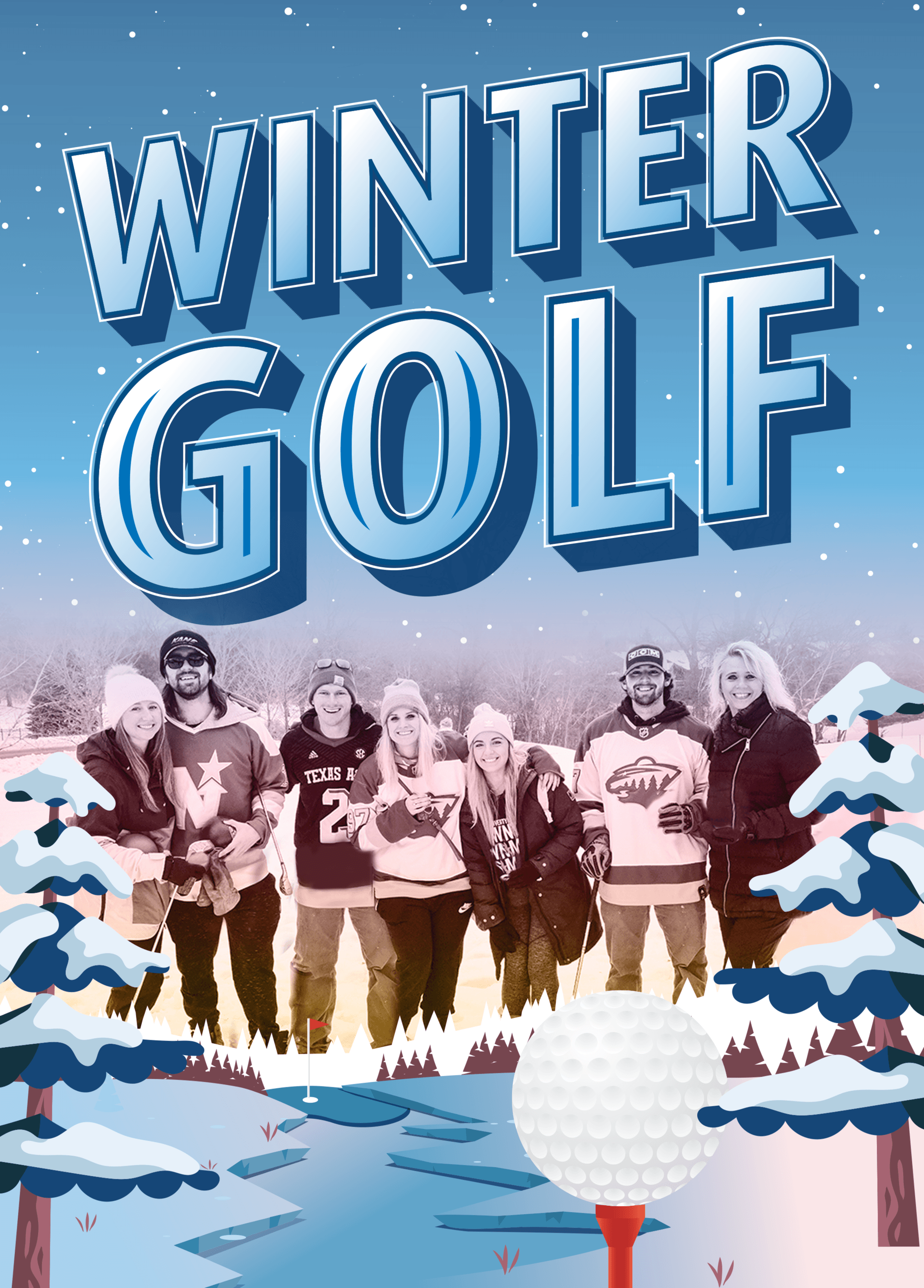 Graphic winter scene with a group of winter golf participants smiling for the photo