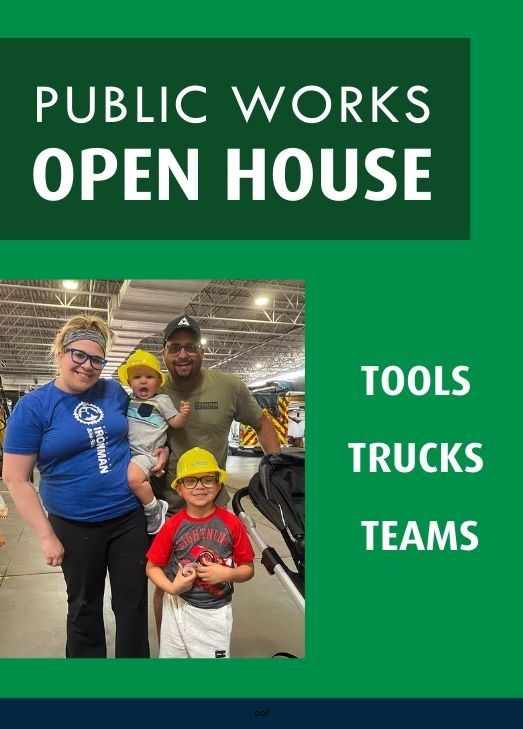 A family in the Maintenance garage Text: Public Works Open House