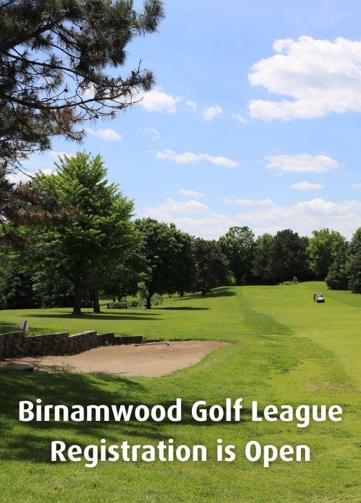 View of a sand bunker and greenway on a sunny day Text: Birnamwood Golf League Registration is Open