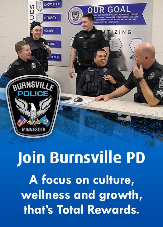 Five officers chatting Text: Join Burnsville PD 
