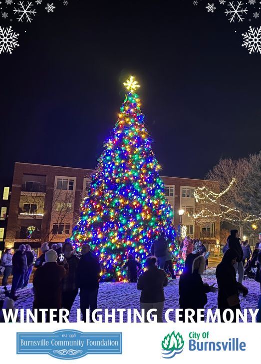 Large tree lit with colored lights in the heart of the city Text: Winter Lighting Ceremony