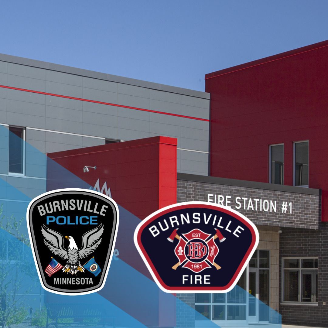 Photo of the front of Fire Station No. 1, images of our police and fire badges; Wellness Workshop 