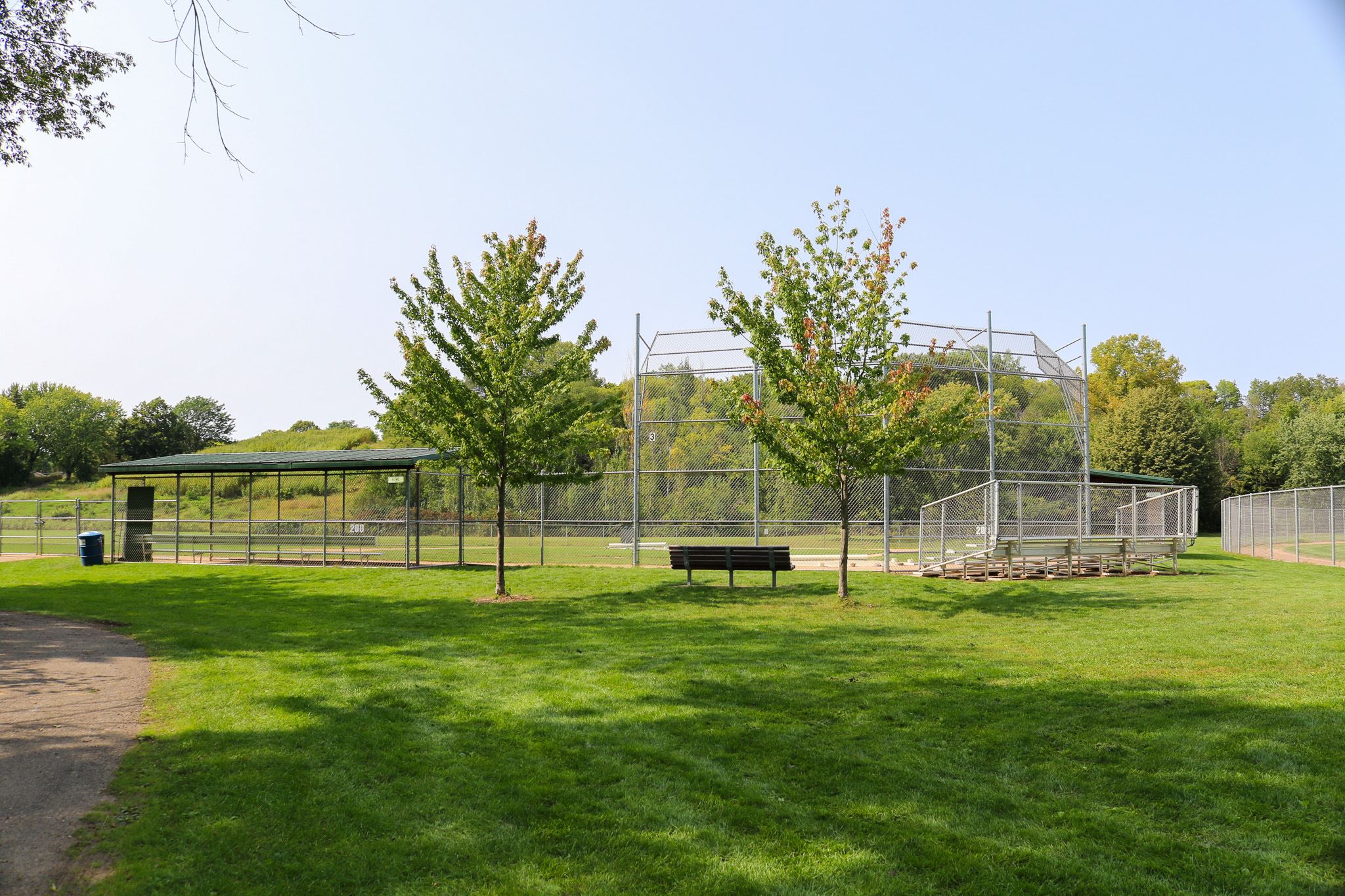 Neill Park baseball fields next to grass space with benches and trees