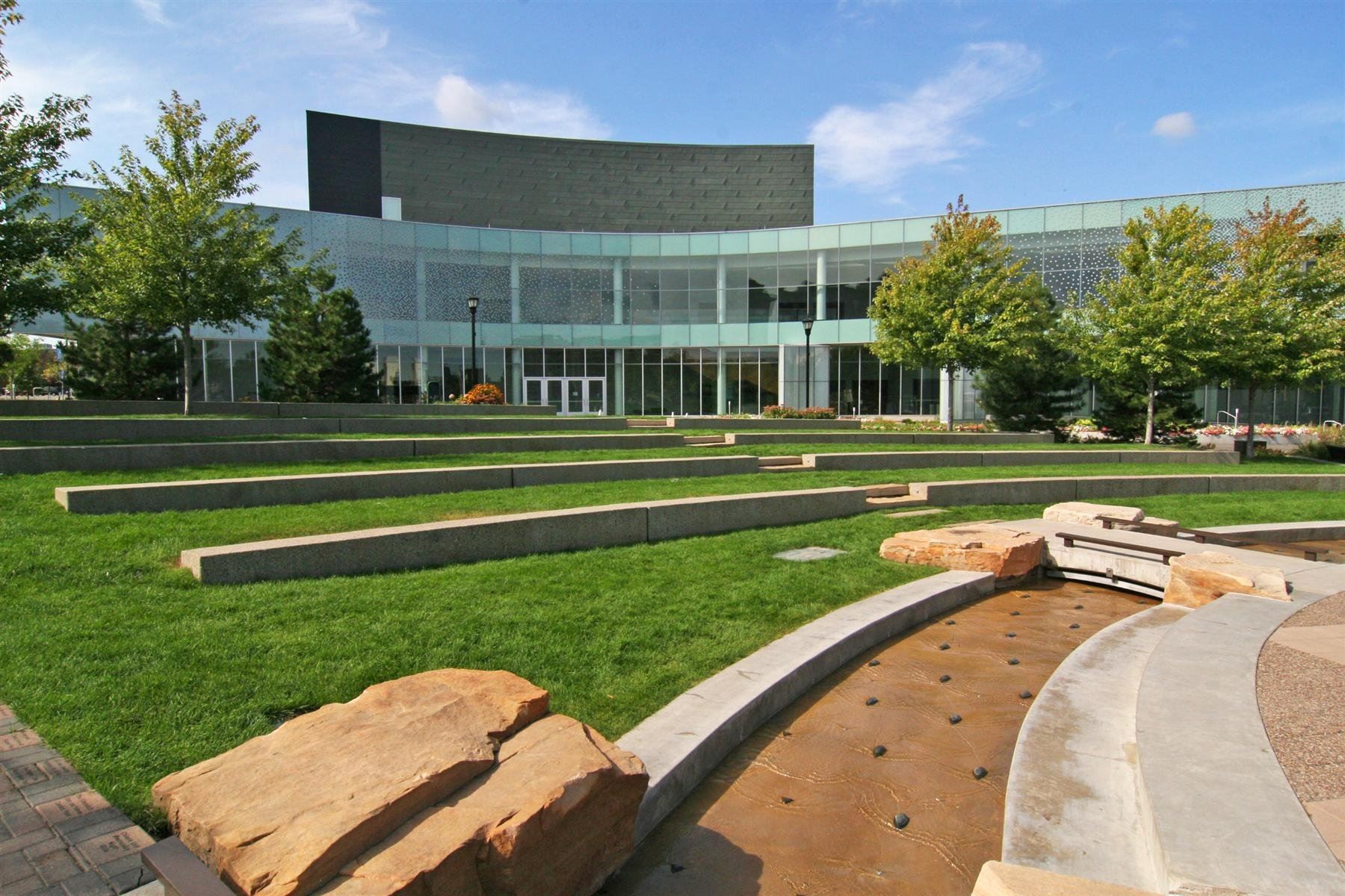 Ames Center Exterior with Nicollet Commons Park in the foreground