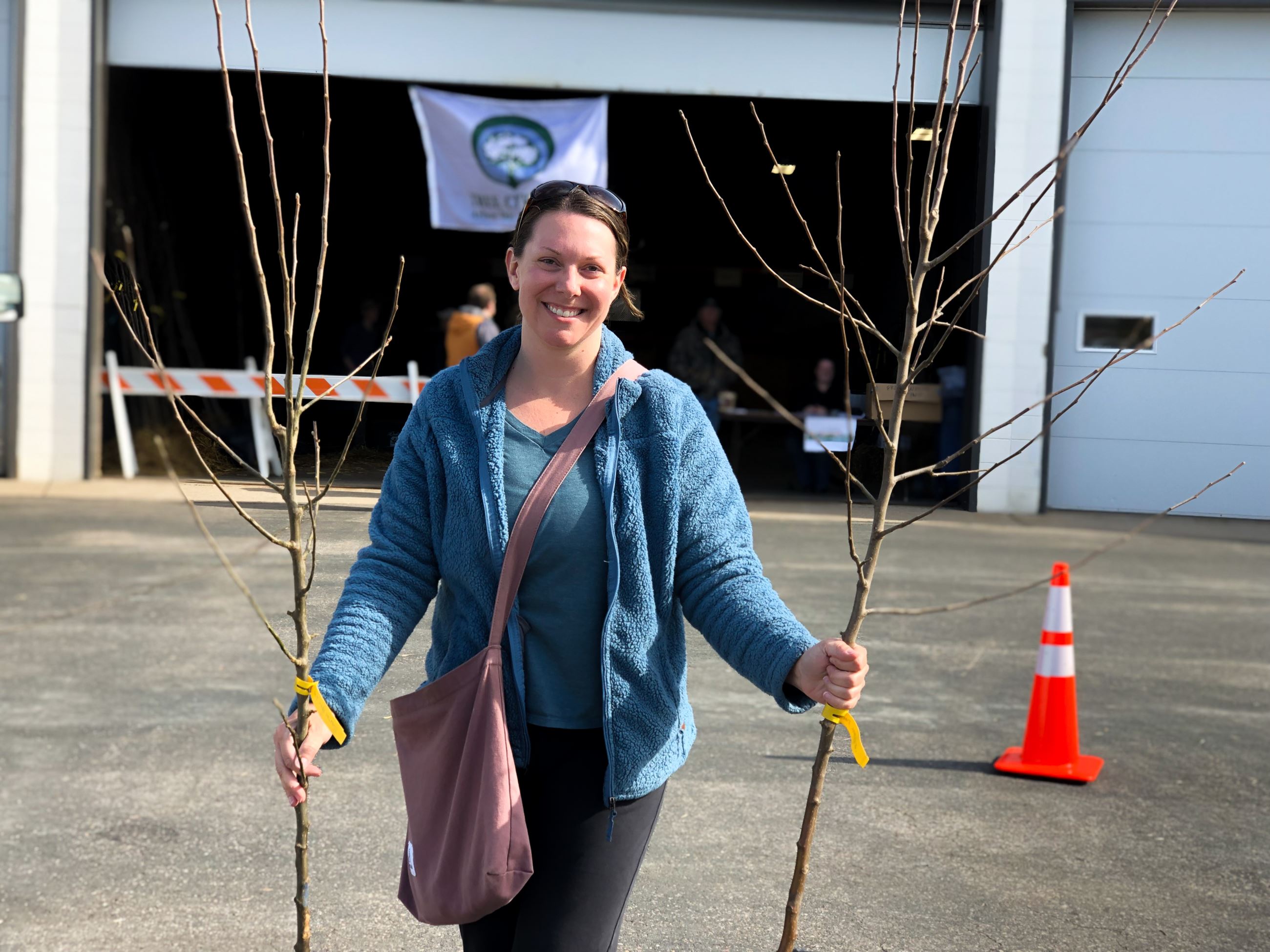 Woman hold two bare root trees