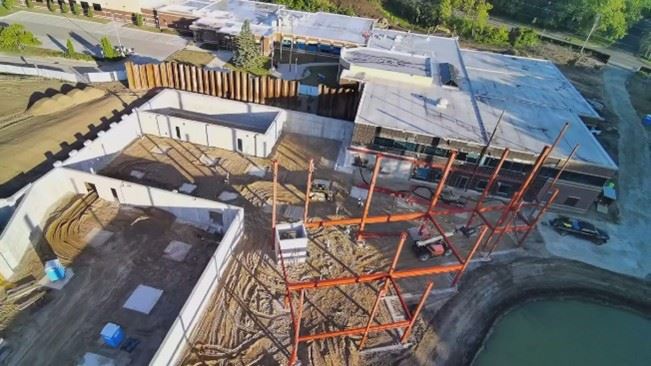 Overhead view of vertical steel structure beams