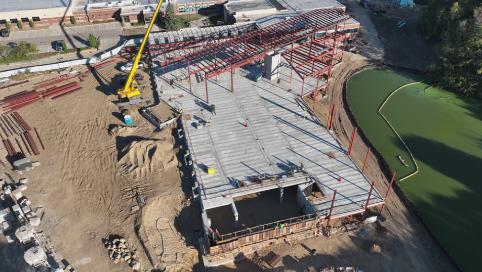 Aerial view of steel beam structure going up